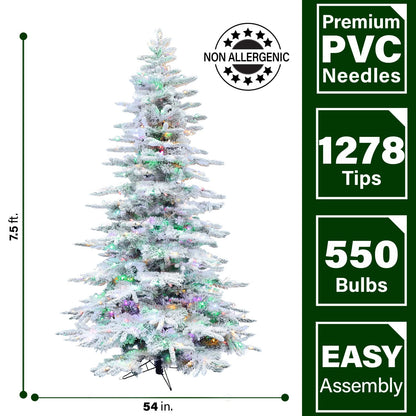 Fraser Hill Farm 7.5-Feet Pre-Lit Mountain Pine Snow Flocked Artificial Christmas Tree with Dual Multicolor & Warm White LED Lights, Heavily Flocked, Realistic Foliage, Stand Included