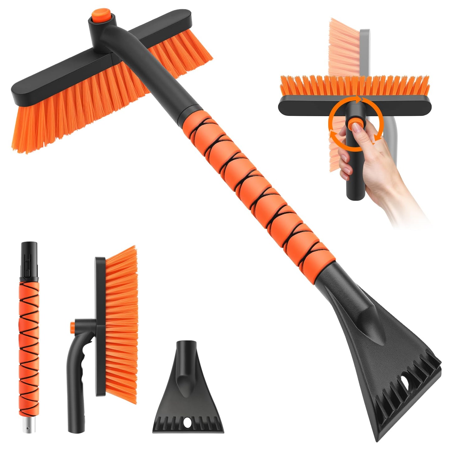 nacena Snow Brush and Ice Scrapers for Car Windshield, Detachable Snow Remover for Cars EVA Foam Grip and Rotatable Brush Head Snow Scraper for Car Trucks SUV, Winter Cars Accessories (Orange)
