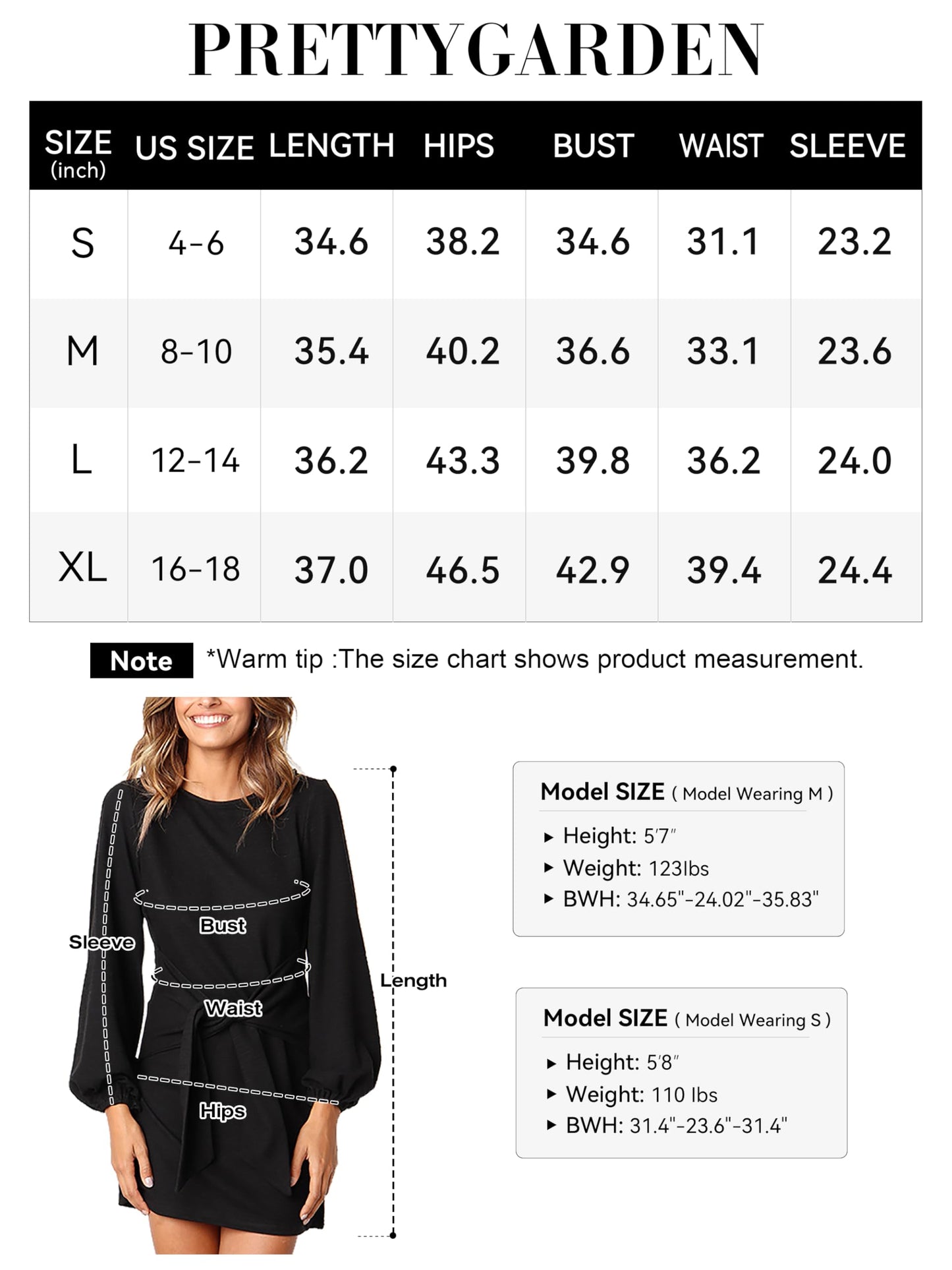 PRETTYGARDEN Women's Elegant Long Lantern Sleeve Short Dress Crewneck Tie Waist Knit Cocktail Dress (Black,Small)
