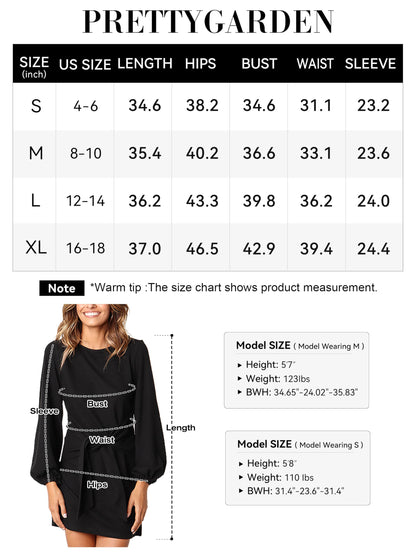PRETTYGARDEN Women's Elegant Long Lantern Sleeve Short Dress Crewneck Tie Waist Knit Cocktail Dress (Black,Small)