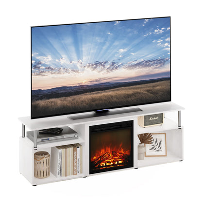 Furinno Jensen Open Storage Fireplace Entertainment Center for TV up to 70 Inch with Stainless Steel Tubes, White Oak/Chrome