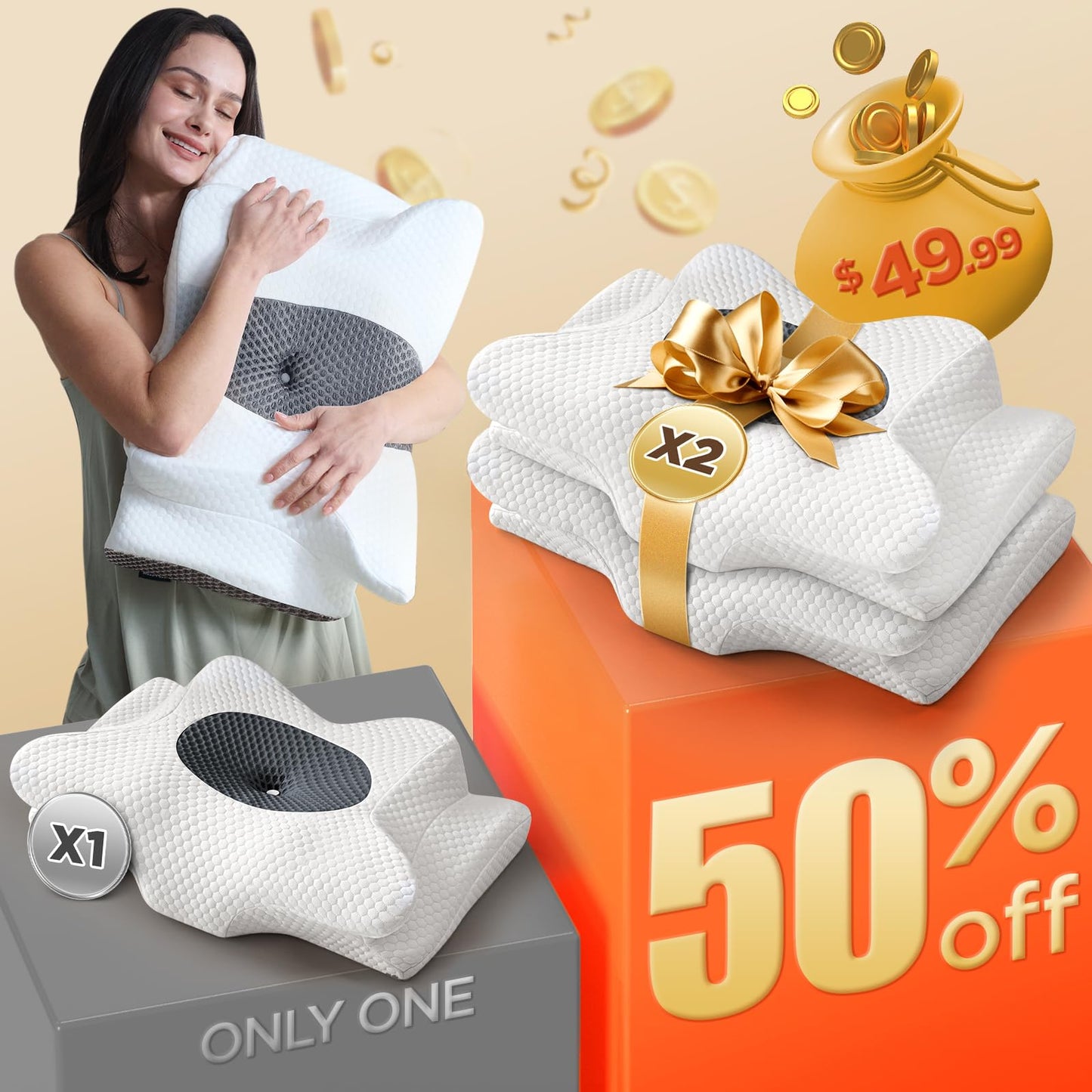 2 Pack Value Bundle Cervical Neck Pillow for Sleeping, Ergonomic Contour Side Sleeper Pillows Perfect for Families, Orthopedic Pillow for Neck Relief Support, Memory Foam Pillows Back Stomach Sleepers