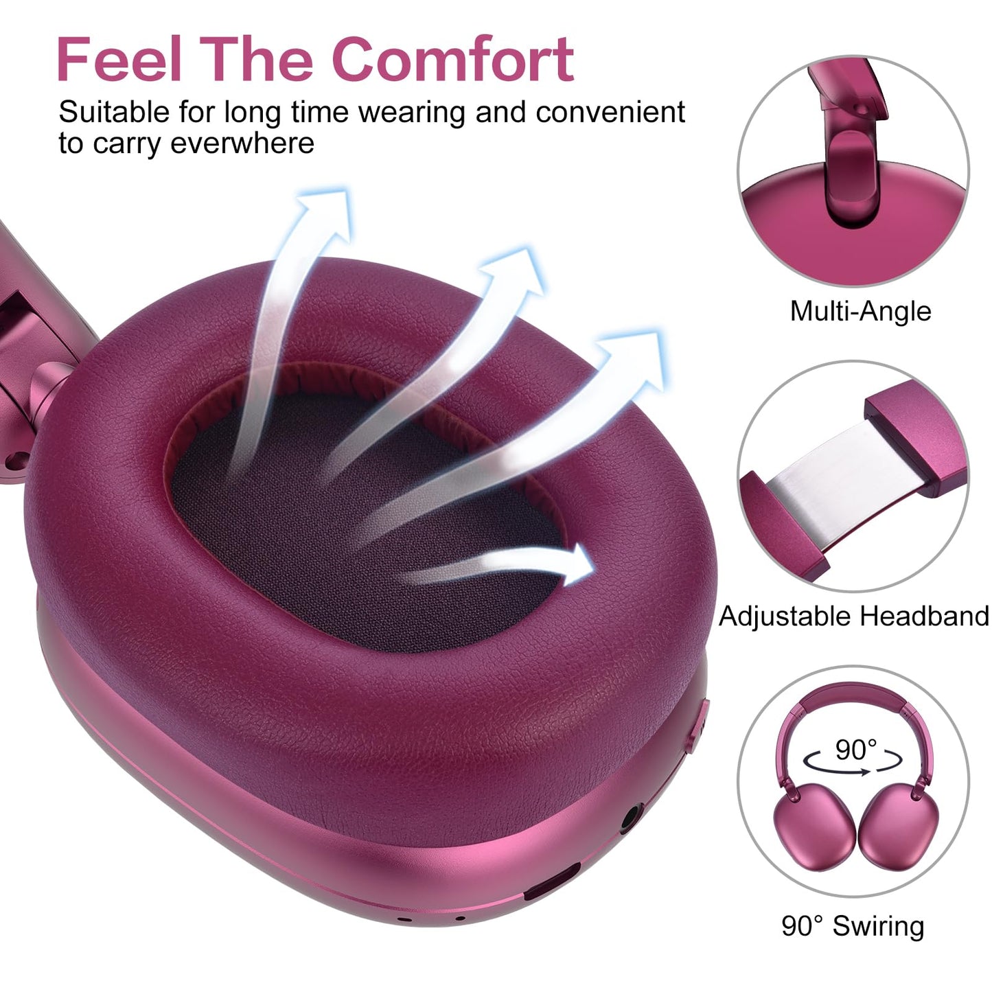 RORSOU C6 Active Noise Cancelling Headphones, Wireless Over Ear Bluetooth Headphones, 60H Playtime, Lightweight Folding Deep Bass Comfort Fit Ear Cups Headset with Mic for iPad/Travel/PC/Home Red