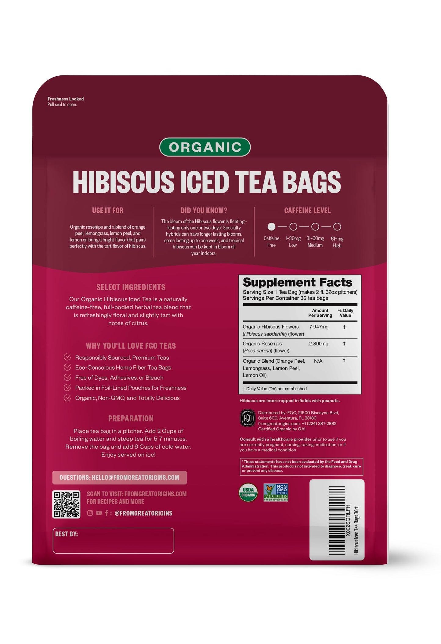 FGO Organic Hibiscus Iced Tea, 36 Eco-Conscious Pitcher Sized Tea Bags, Packaging May Vary (Pack of 1)