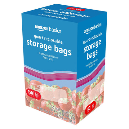 Amazon Basics Reclosable Quart Food Storage Bags, BPA Free, 150 Count