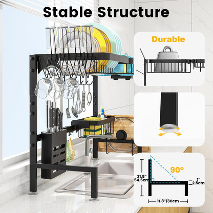 MERRYBOX Over The Sink Dish Drying Rack Adjustable Length (25-33in), 2 Tier Dish Rack Over Sink with Multiple Baskets Utensil Holder Cup Holder, Large Dish Rack for Kitchen Sink Organizer