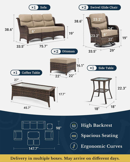 HILLGA Luxury Patio Furniture Set with 6-Inch Thick Cushions, High Back Outdoor Swivel Rocker Chairs and Patio Couch, 7-Piece All Weather Conversation Set for Porch Deck Pool Yard, Beige (V3)