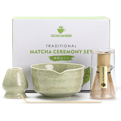 Ochcahser Matcha Set, Japanese Tea Set Includes Matcha Bowl with Spout, Matcha Whisk Holder, Bamboo Matcha Whisk and Bamboo Scoop, 17 oz Mottled Tea Green Glaze Ceramic Matcha Kit for Tea Lovers