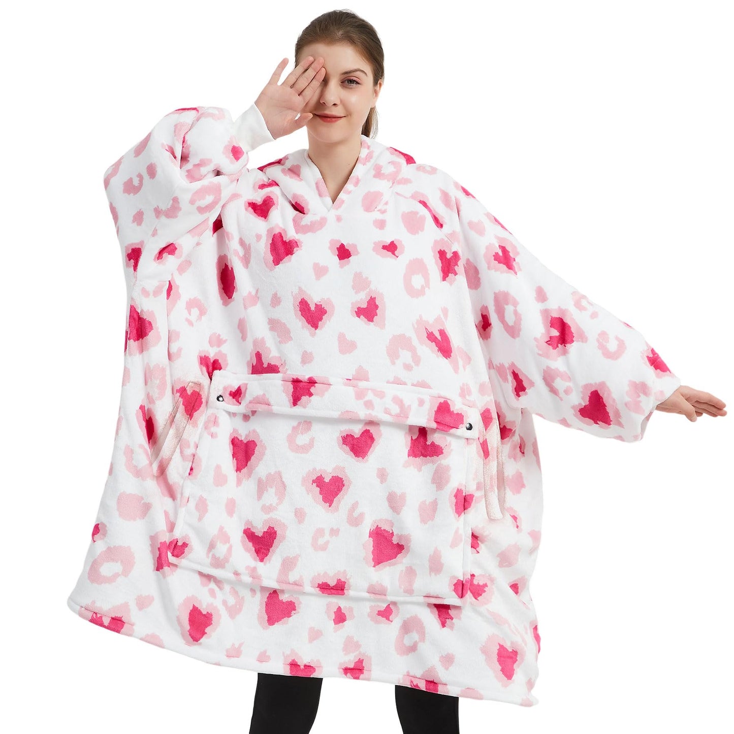 KFUBUO Wearable Blanket Hoodie for Adult Sherpa All Patterns Heart Oversized Hoodie Sweatshirt Blanket with Pockets Valentine Gifts for Her