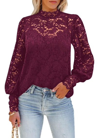 DOROSE Tops for Women Sexy Lace Mesh Puff Long Sleeve Blouses Shirts Wine Red S