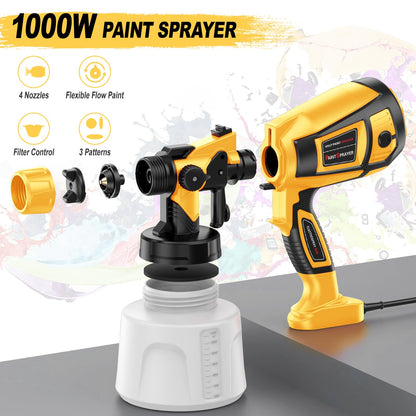 Paint Sprayer High Power Electric Spray Paint Gun with Adjustable Spray Width Knob,1400ML Container,4 Nozzles & 3 Patterns,Easy to Clean for House Painting Midium Yellow