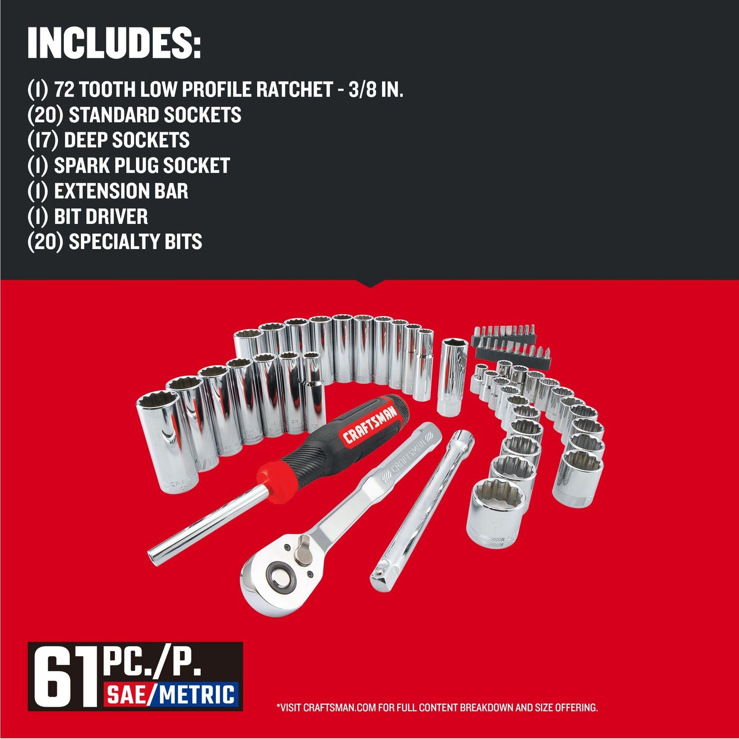 CRAFTSMAN Mechanics Tool Set, 3/8 Inch Drive, 61 Piece (CMMT45161)