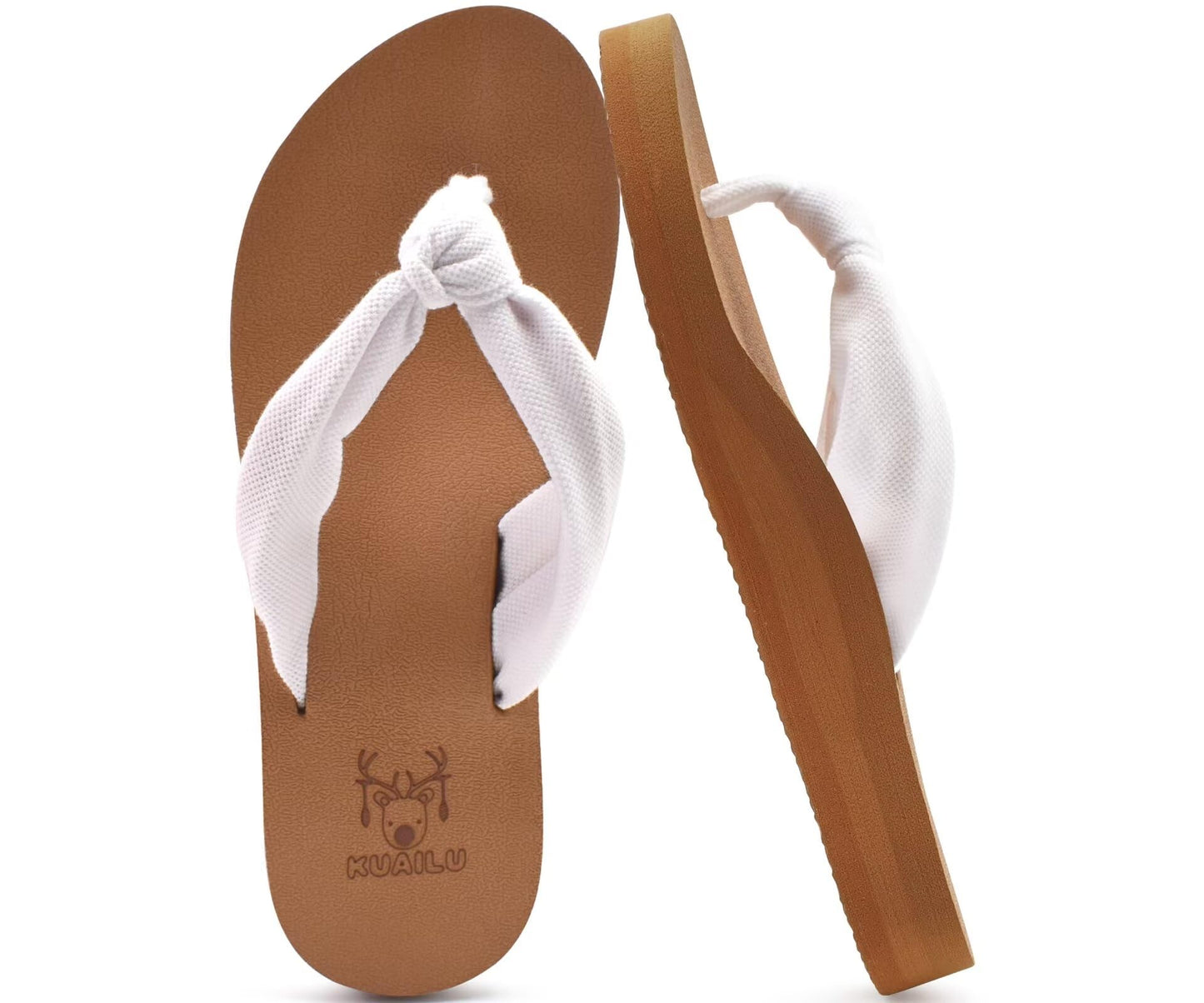 Kuailu Flip Flops Women Arch Support Yoga Mat Comfortable Summer Beach Walking Thong Cushion Sandals Slip on Outfits Travel Essential Orthotic Slides Indoor Outdoor Slippers Shoes White Khaki Size 8.5