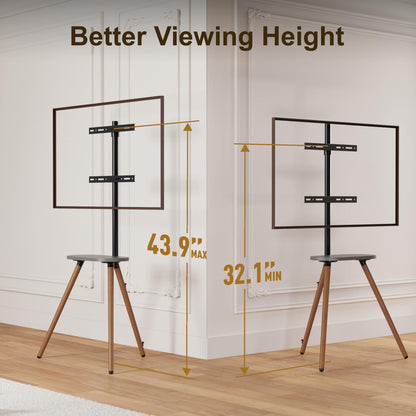 ECOTINY Tripod Easel TV Stand for 43 to 65 Inch LCD LED OLED Screen, Height Adjustable and Swievel TV Stand, Portable Corner TV Floor Stand with Wooden Tray, VESA 400x400mm, Minimalist Black Walnut
