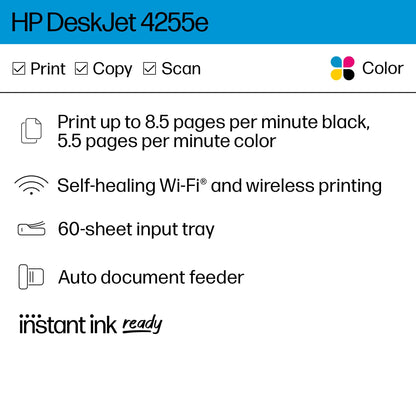 HP DeskJet 4255e Wireless All-in-One Color Inkjet Printer, Scanner, Copier, Best-for-Home, 3 Months of Ink Included (588S6A)