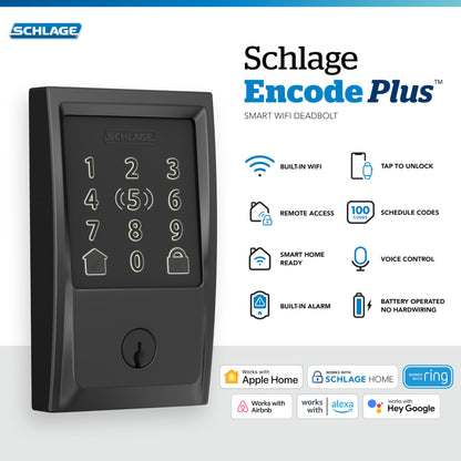 Schlage BE499WB CEN 622 Encode Plus WiFi Deadbolt Smart Lock, Keyless Entry Touchscreen Door Lock with Century Trim, Matte Black