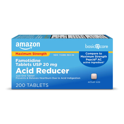 Amazon Basic Care Maximum Strength Famotidine Tablets 20 mg, Acid Reducer Pills for Heartburn Relief, 200 Count (Packaging may vary)