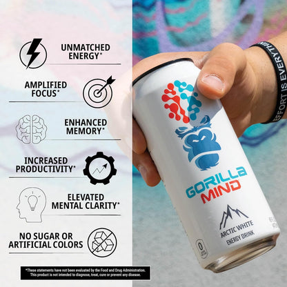 Gorilla Mind Energy Drink | Unmatched Energy · Amplified Focus | N-Acetyl-L-Tyrosine, Alpha-GPC, 200mg Caffeine, Uridine, Saffron | 0 Sugar Or Artificial Colors | 16oz, 12-Pack (Sour Watermelon Candy)