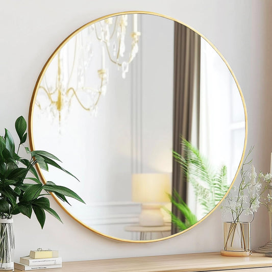 Sunniry Gold Round Mirror, 24 inch Circle Mirror, Gold Metal Frame Bathroom Mirrors, Round Wall Mounted Mirrors for Bathroom, Hallway, Living Room, Bedroom.