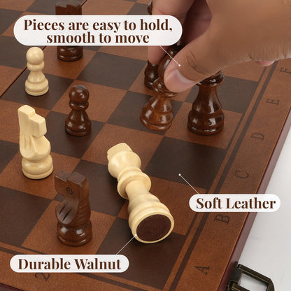 Strong Magnetic Chess Set for Adults & Kids, 15.4" Leather Chess Board & Handcrafted Wooden Chess Pieces with Storage Slots, Portable Travel Chess Game for Beginner and Professional