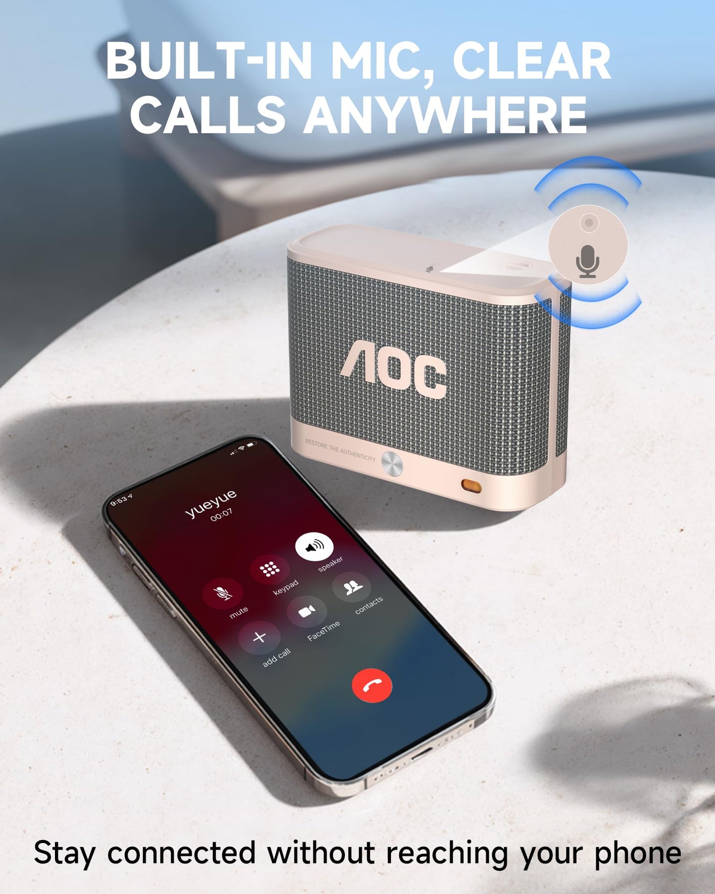 AOC Portable Bluetooth Speaker, Shower Speaker, BT 5.4 with Wireless Stereo Pairing, BassUp, IP67 Waterproof, Dustproof, 30-Hour Playtime, Compact Small for Home, Outdoors, Travel, White