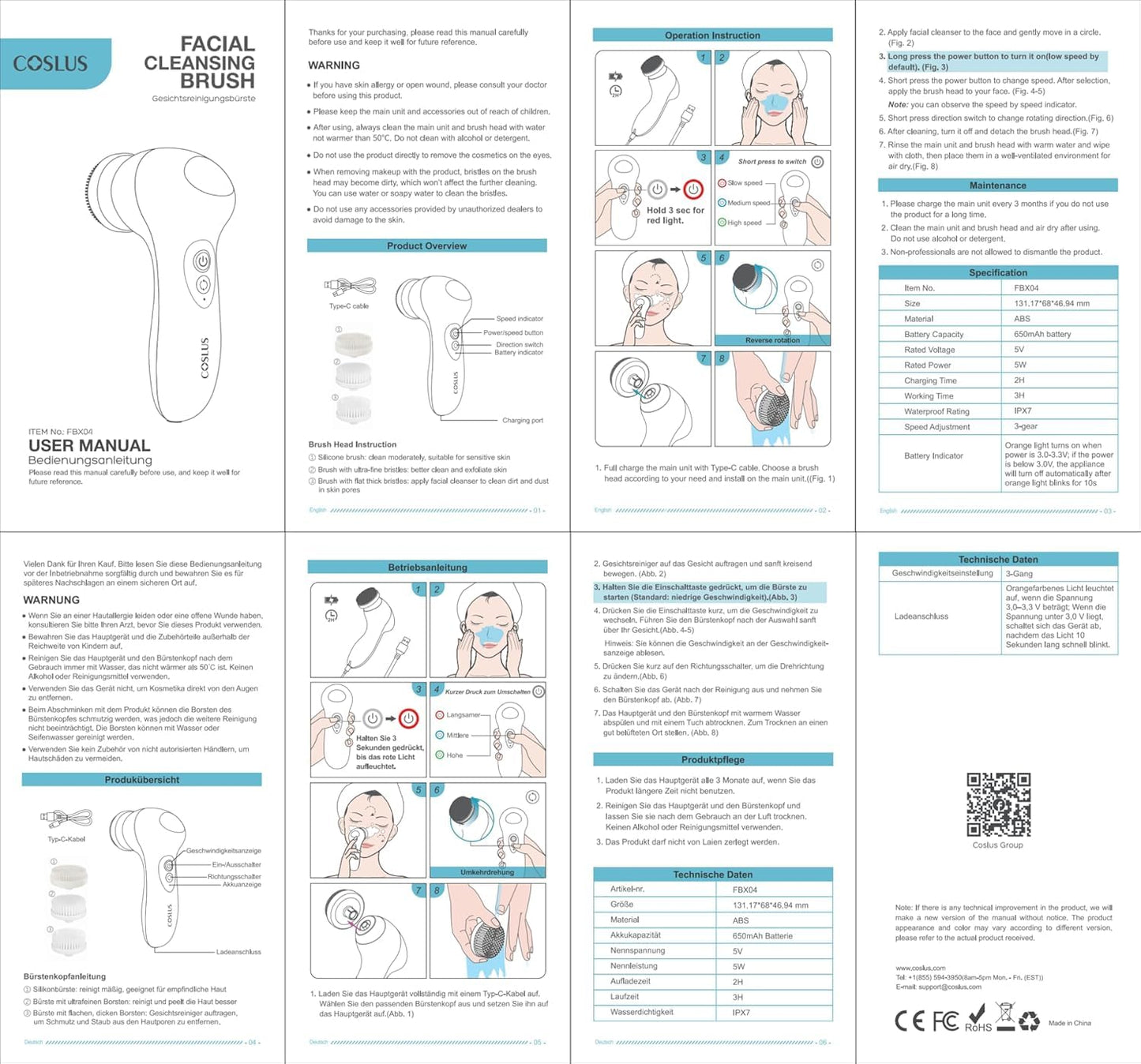 COSLUS Powered Facial Cleansing Brush: Rechargeable Electric Face Cleanser for Sensitive & Acne-Prone Skin, 3 Brush Heads, 3 Speeds, 2-Direction Rotation, for Men Women IPX7, Deep Cleaning Blue
