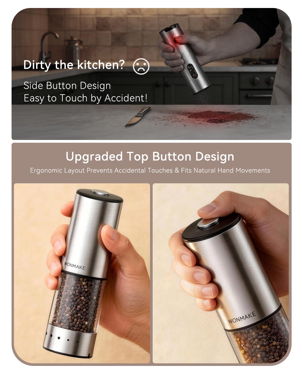 Electric Salt and Pepper Grinder Set, Type-C Rechargeable with LED Battery Level Display, Stainless Steel Salt and Pepper Shakers with Storage Base, Top Button Design, 5 Adjustable Coarseness Levels