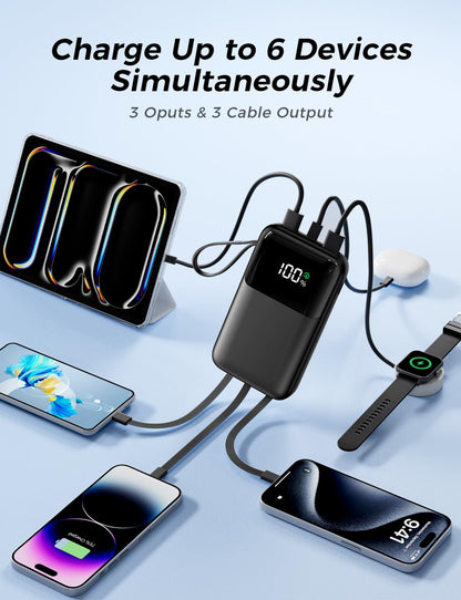Portable Charger with Built in Cable, 15000mAh Power Bank, 22.5W Fast Charging, 6 Outputs, Slim Travel Essential Battery Pack with LED Display, Compatible with iPhone 16/15/14/13, Samsung, iPad, etc