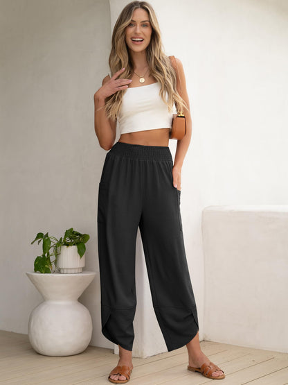 ANRABESS Womens Wide Leg Palazzo Capri Pants 2026 Summer Casual High Waisted Barrel Lounge Flowy Cropped Beach Work Trousers Black Medium