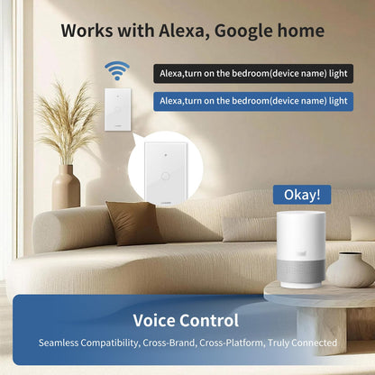 Smart Matter Light Switch, 2.4G WiFi Touch Wall Switch (Neutral Wire Required), Single-Pole Smart Switch Works with Apple Home, Alexa, Google Home & SmartThings, Tempered Glass Panel, White
