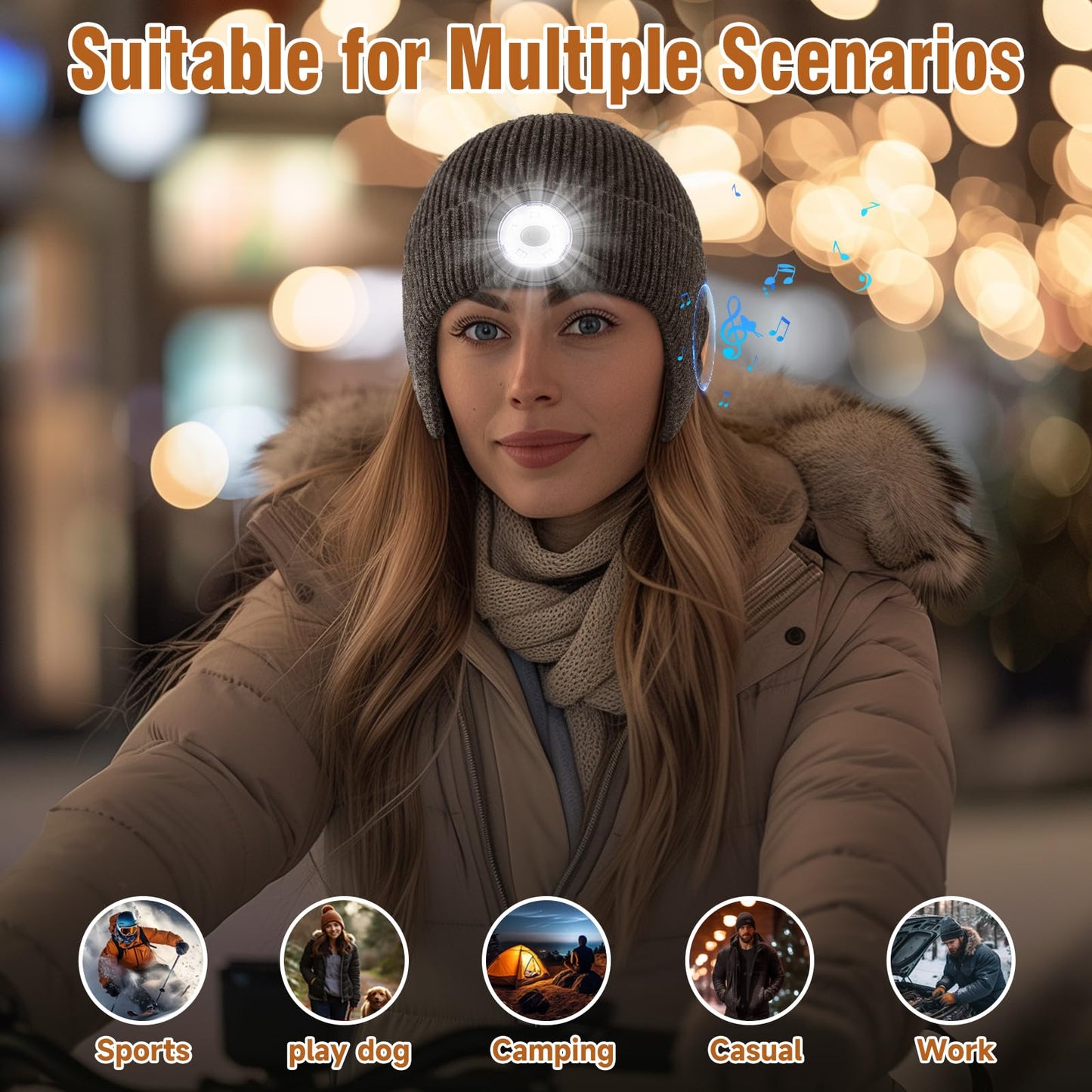 Bluetooth Beanie with Light, Built in Wireless Headphones & Stereo Speakers USB Rechargeable Bluetooth Hat Unique Tech Gifts Birthday Gifts for Men and Women (Dark Grey Adult)