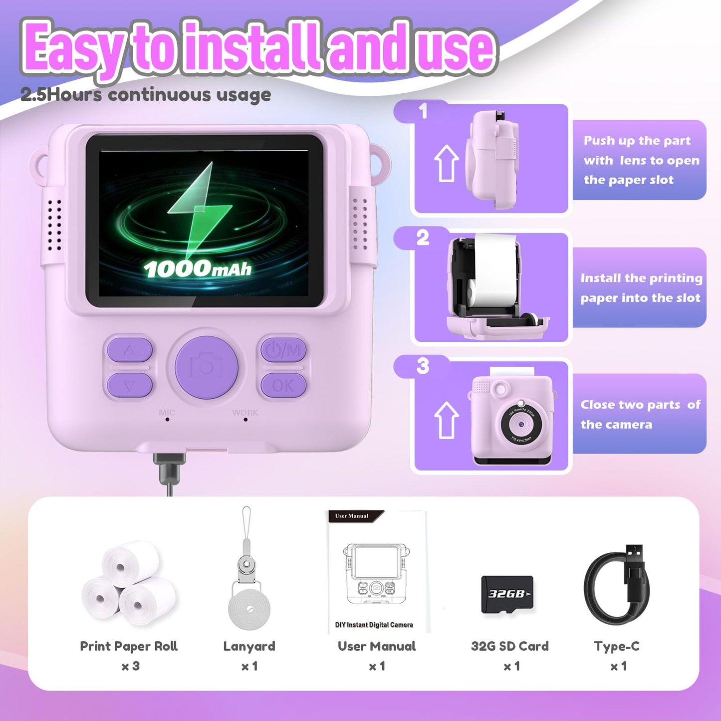 ESOXOFFORE Instant Print Camera for Kids, Christmas Birthday Gifts for Girls Boys Age 3-12,Kids Digital Cameras for Toddler, Portable Toy for 3 4 5 6 7 8 9 10 Year Old Girl with 32GB SD Card-Purple