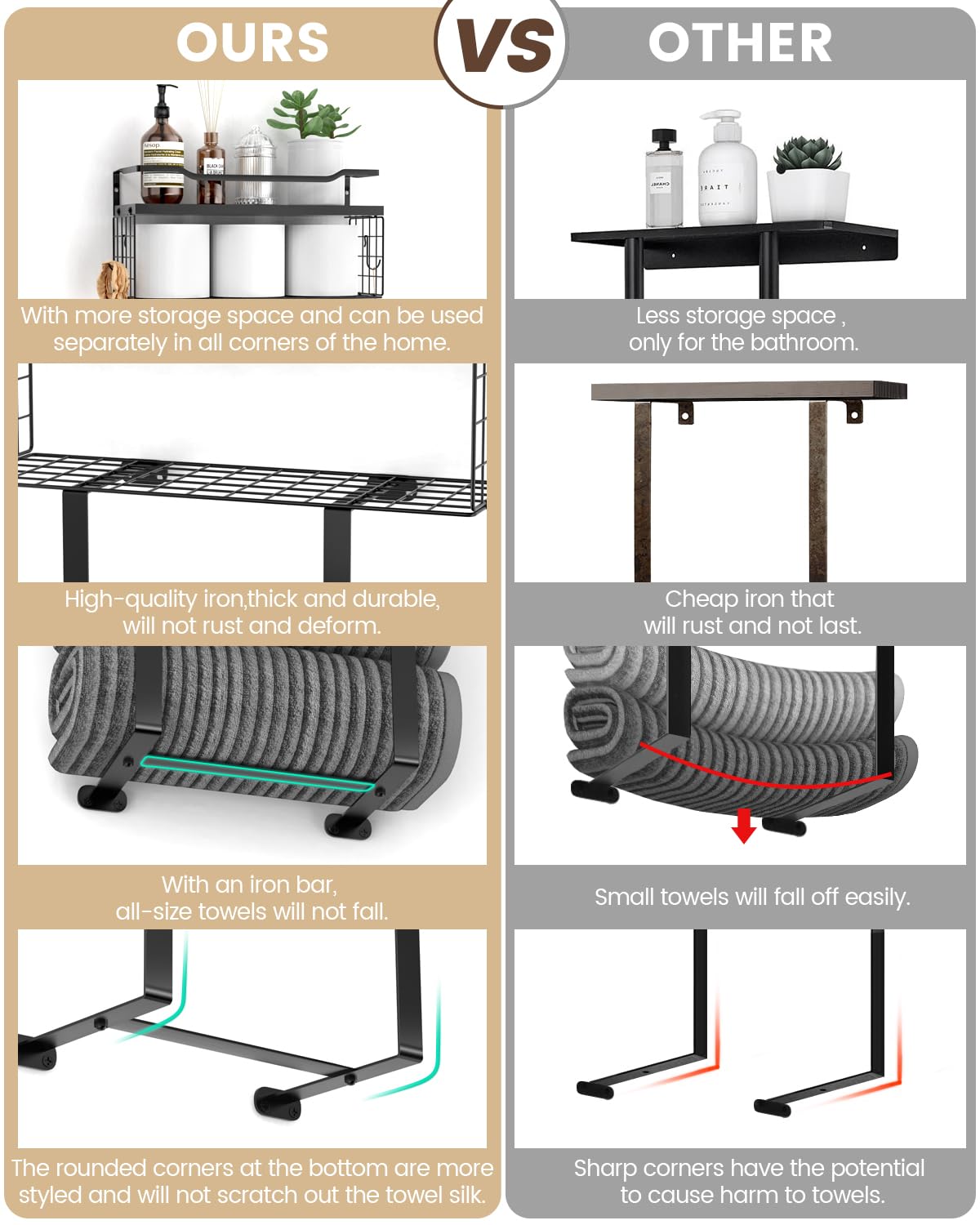 Wall Mounted Towel Rack for Bathroom - Bath Storage Holder Set Above Toilet, Rolled Towel Shelf Organizer, Wood Vertical Rack for Small Bathroom Decor, Black