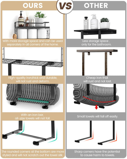 Wall Mounted Towel Rack for Bathroom - Bath Storage Holder Set Above Toilet, Rolled Towel Shelf Organizer, Wood Vertical Rack for Small Bathroom Decor, Black