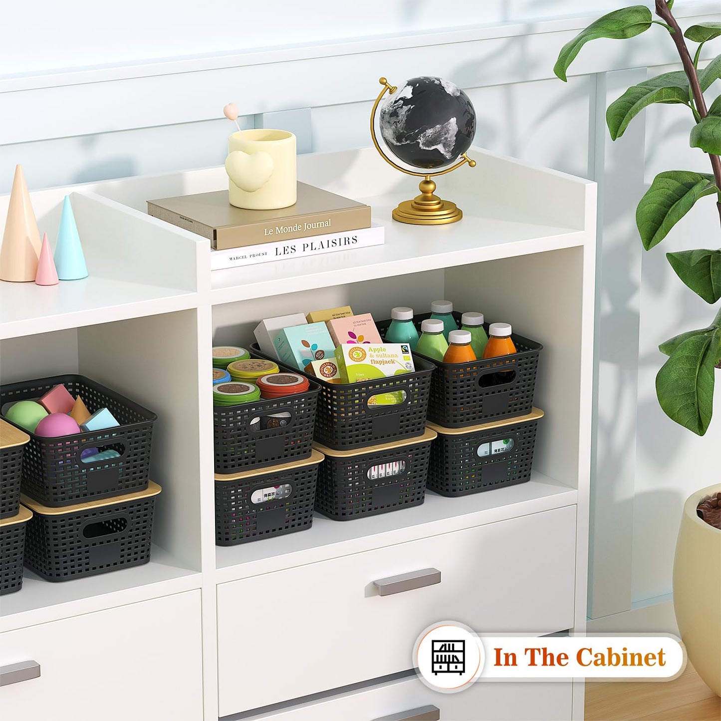 Plastic Storage Baskets With Bamboo Lid - Plastic Storage Containers Stackable Storage bins: Storage Baskets for Organizing Shelves Drawers Desktop Closet Playroom Classroom Office, 6 Pack