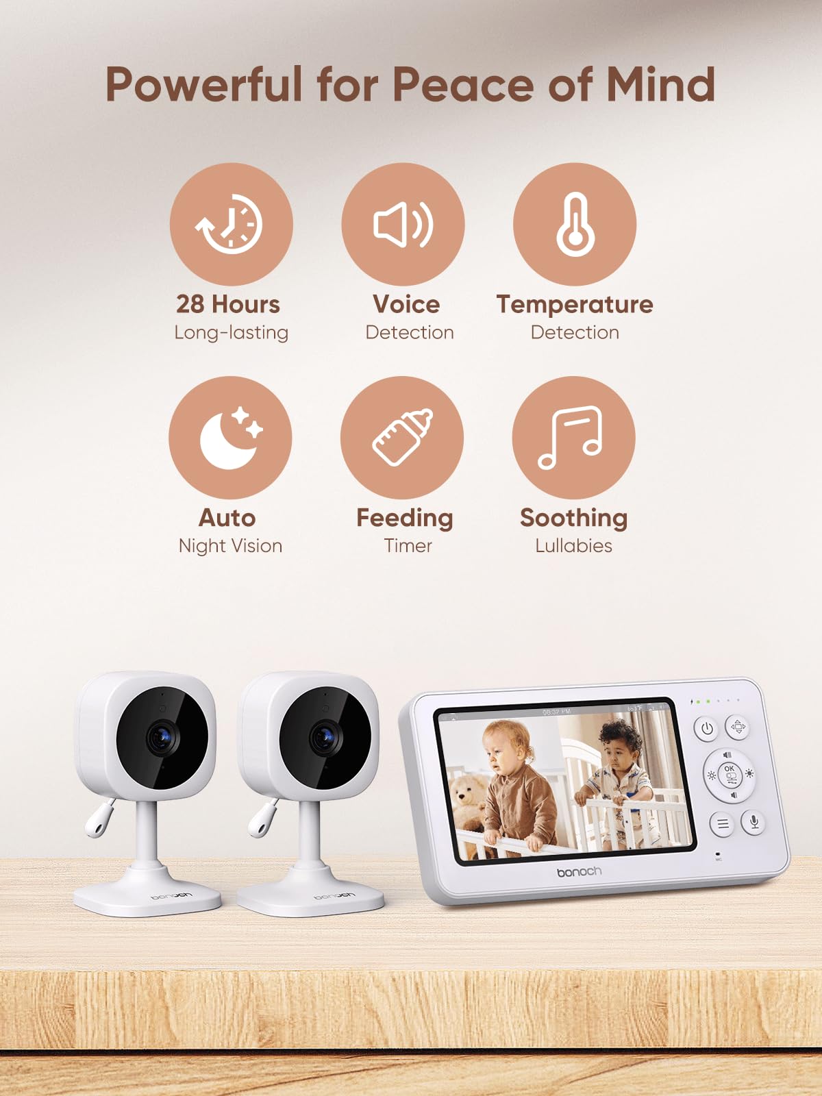 bonoch 4.3" Baby Monitor with 2 Cameras, 720p Split Screen Monitor with Camera and Audio, 28hour Battery, Video Baby Monitor No WiFi, VOX Mode, 2 Way Audio, Auto Night Vision, 2X, 3X, 4X Zoom