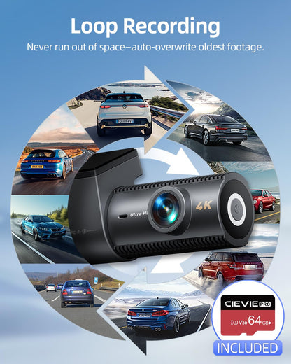 CIEVIE 4K Dash Cam Front and Rear, 64GB SD Card, 1.5” IPS Display Car Camera, 5Ghz WiFi+App Control, Night Vision, 24H Parking Mode, G-Sensor, WDR, 170° Wide Angle, 4K+1080P Dual Dash Camera for Cars