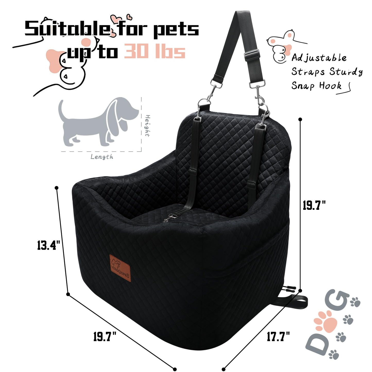 Dog Car Seats-Memory Sponge and Velvet Pet Booster Car Seat,Safety and Comfy,Ride Height 6" Elevated Enough to See Out The Window,Both Front and Back Seats Apply,Esay to Install and Clean.(H-Black)