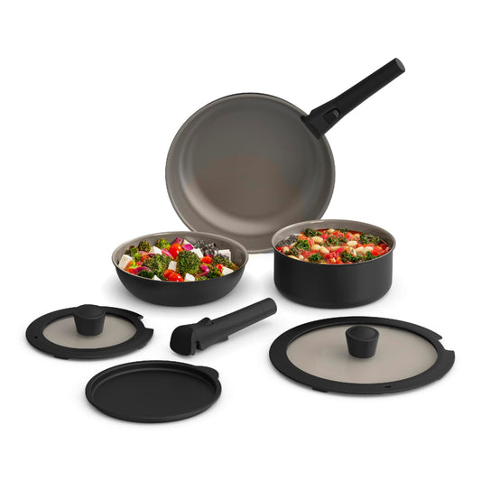 bella 8 Piece Removable Handle Cookware Set, Fits-anywhere™ Kitchenware w EverGood™ Ceramic Nonstick Coating, Dishwasher & Oven Safe, All Stovetops Compatible, Glass Lids with Silicone Rims, Black