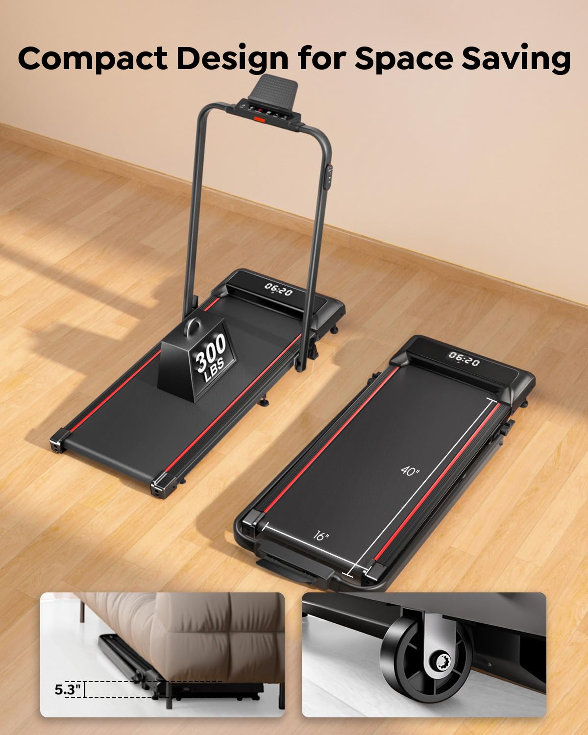Acezoe Walking Pad Treadmill with Incline, 2 in 1 Folding Treadmills for Home Small Office, 300lbs Portable Compact Under Desk Treadmill with LED Display and Apps