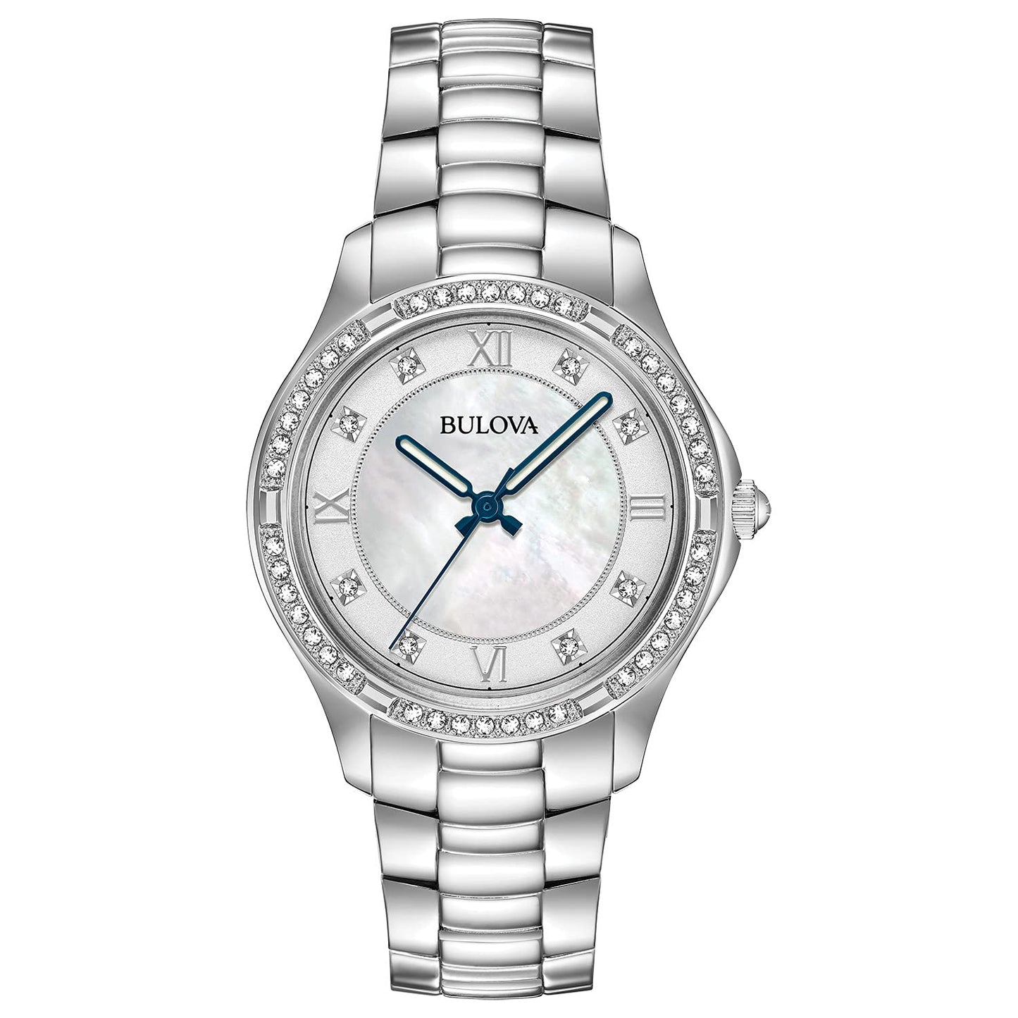 Bulova Ladies' Classic Crystal Stainless Steel 2-Hand Quartz Watch, White Mother-of-Pearl Dial and Blue Accent Markers Style: 96L265