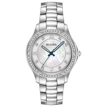 Bulova Ladies' Classic Crystal Stainless Steel 2-Hand Quartz Watch, White Mother-of-Pearl Dial and Blue Accent Markers Style: 96L265
