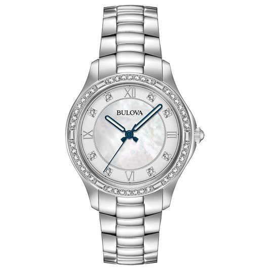 Bulova Ladies' Classic Crystal Stainless Steel 2-Hand Quartz Watch, White Mother-of-Pearl Dial and Blue Accent Markers Style: 96L265