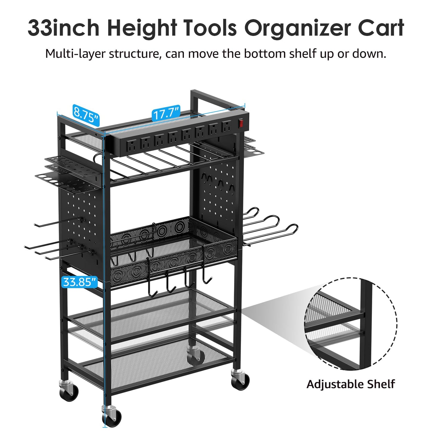 CCCEI Power Tool Organizer Cart with Charging Station, Garage Floor Rolling Storage Cart on Wheels for Mechanic, Mobile 6 Drill, Tool Box Utility Cart with Battery Charging Power Strip, Black