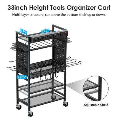CCCEI Power Tool Organizer Cart with Charging Station, Garage Floor Rolling Storage Cart on Wheels for Mechanic, Mobile 6 Drill, Tool Box Utility Cart with Battery Charging Power Strip, Black