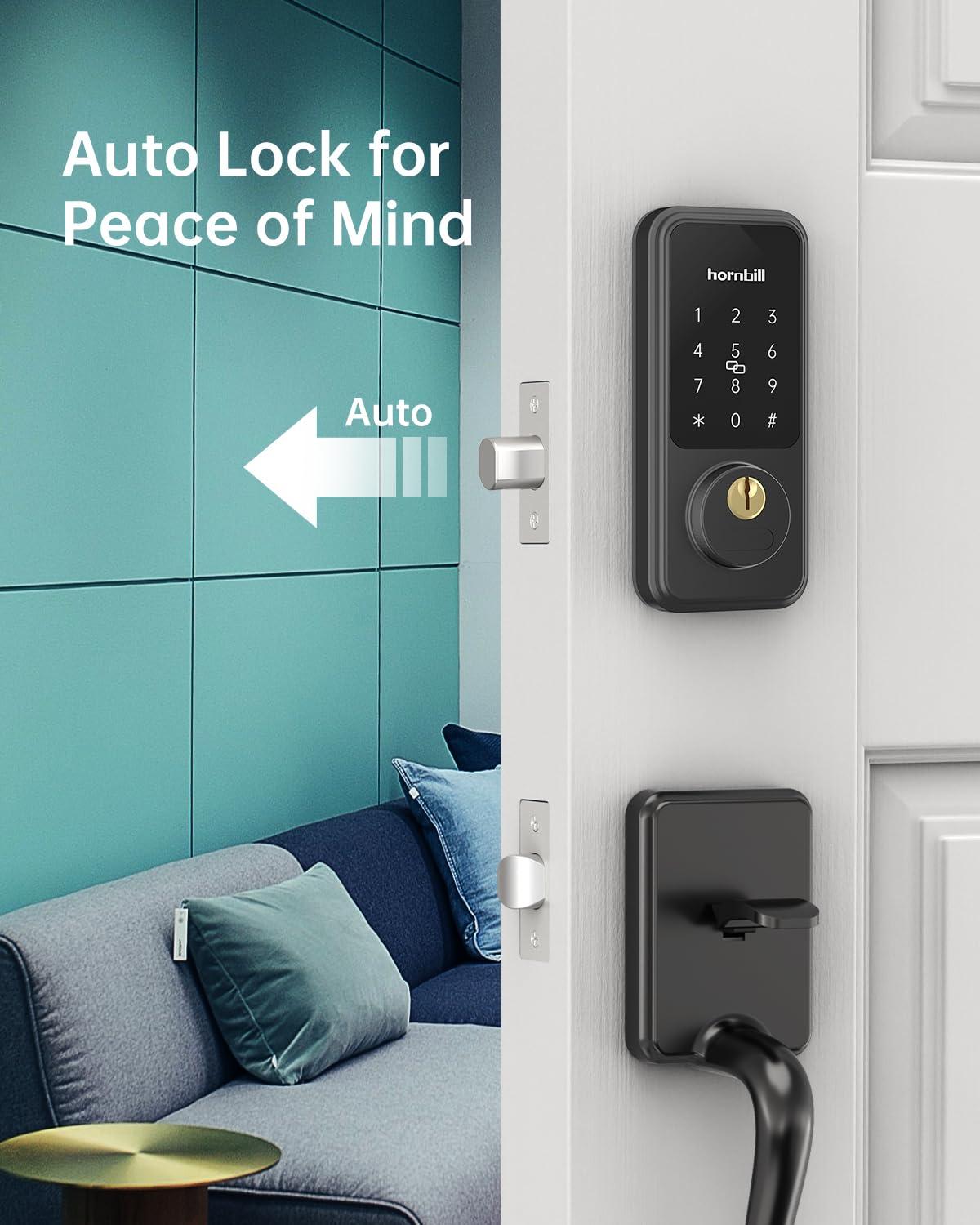 Keyless Entry Door Lock with Handle, Hornbill Smart Front Door Lock Set, Electronic Keypad Deadbolt Lock, Alexa Front Door Handle Set, Digital Lock via Bluetooth APP/Keyfob/Auto Lock-Matte Black