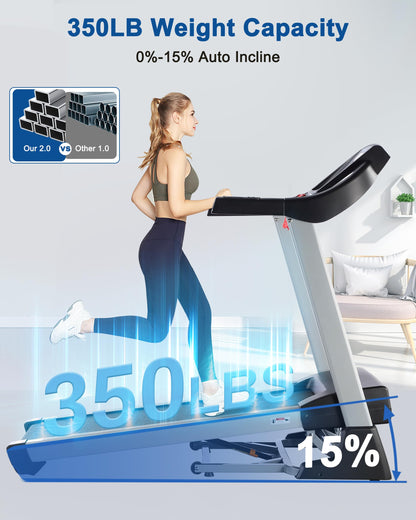 BORGUSI Treadmill with 15% Auto Incline - 350 LBS Capacity, 3.5HP Electric Folding Treadmill Up to 10MPH Speed, Running Machine with 20" Wide Tread Belt & LCD Display for Home Use, Bluetooth Speaker