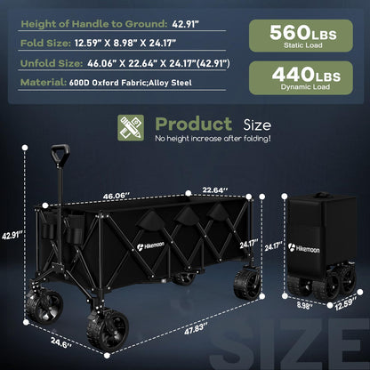 Hikemoon 300L Extra Large Wagons Carts Foldable, 560LBS Heavy Duty Collapsible Beach Wagon 48" Long with Big All-Terrain Wheels, Utility Folding Cart for Camping, Grocery, Sports, Garden, Black