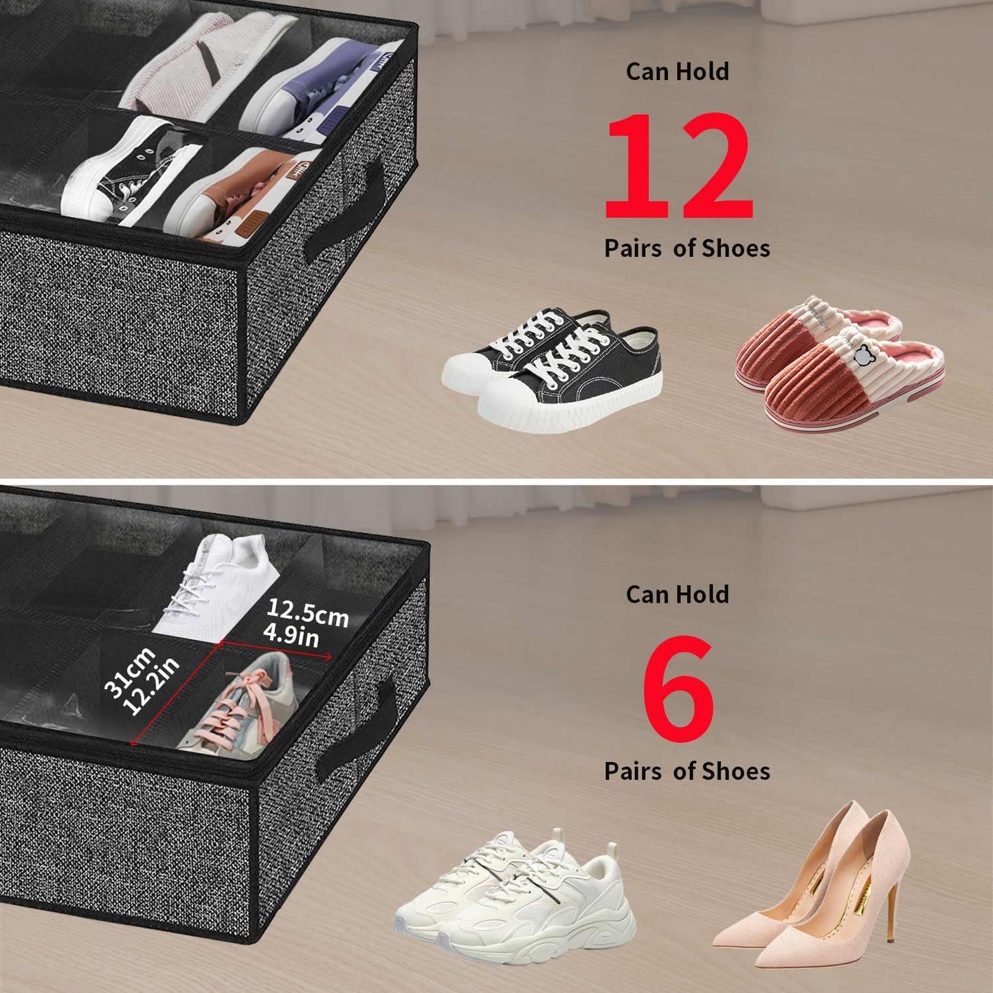 Onlyeasy Sturdy Under Bed Shoe Storage Organizer, Set of 2, Fit 12 to 24 Pairs, Underbed Shoes Closet Storage Solution with Clear Window, Breathable, L29.3"x W23.6"x H5.9", Linen-like Black, MXAUBSB2P