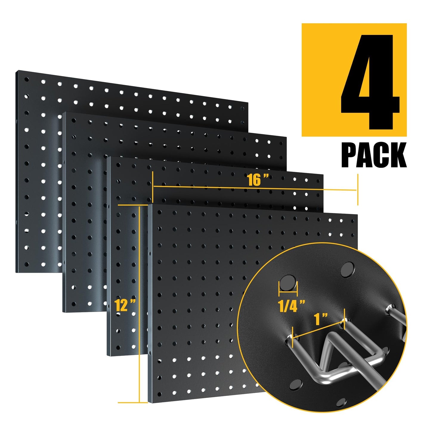 Spampur Peg Board, 4 Pack Metal Pegboard Panels with 50 Hooks, Black Pegboards Wall Organizer, Heavy Duty Peg Board for Walls Home, Garage Tool Storage, Office Organization, Craft Room, Kitchen
